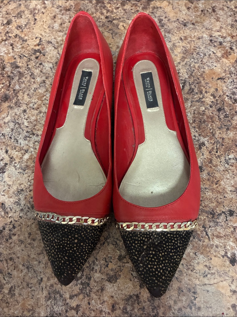 White House Black Market
Valencia calf hair-pointed -leather -red flats Size 10